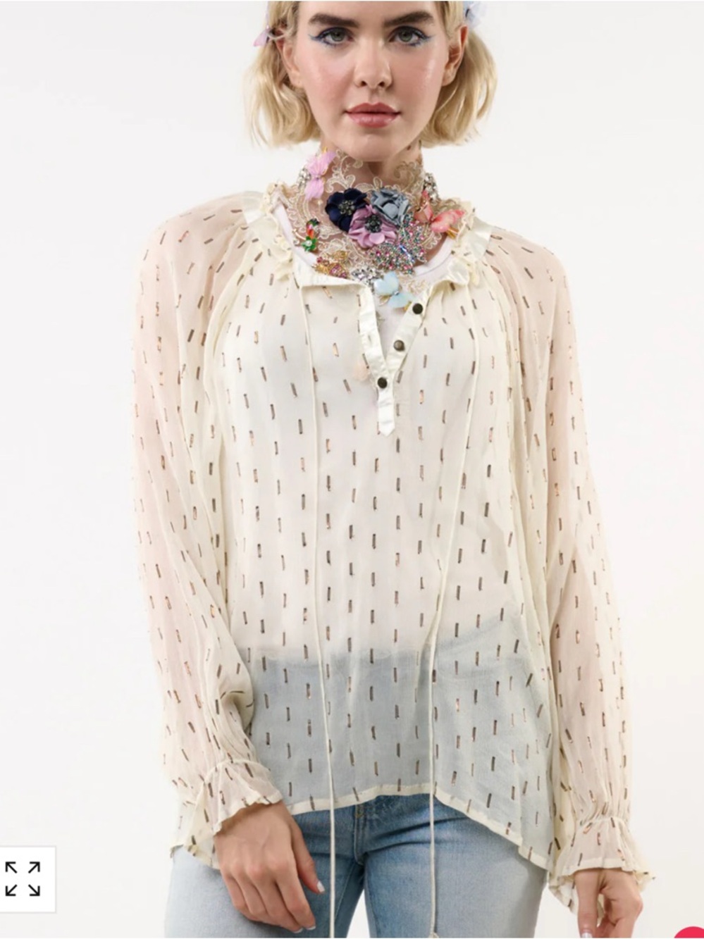 Sheer Ivory Blouse with Metallic Dash Detail